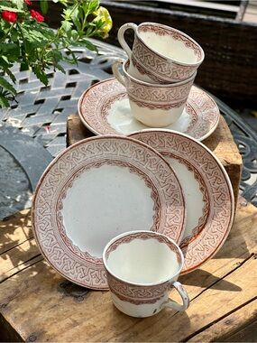 Antique B.A.P. Co. Grecian Brown Transferware 6 Pc Demitasse Snack Set